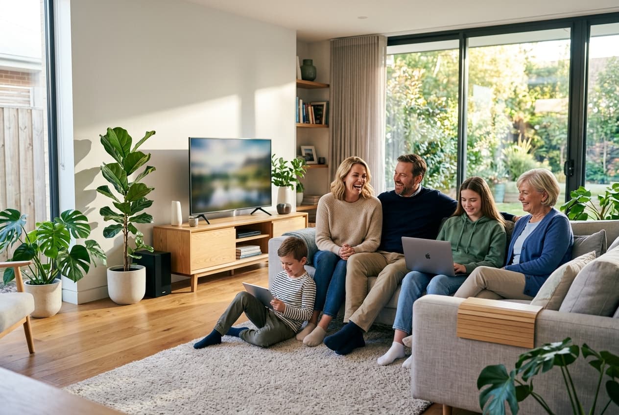 Family relaxing at home with connected devices